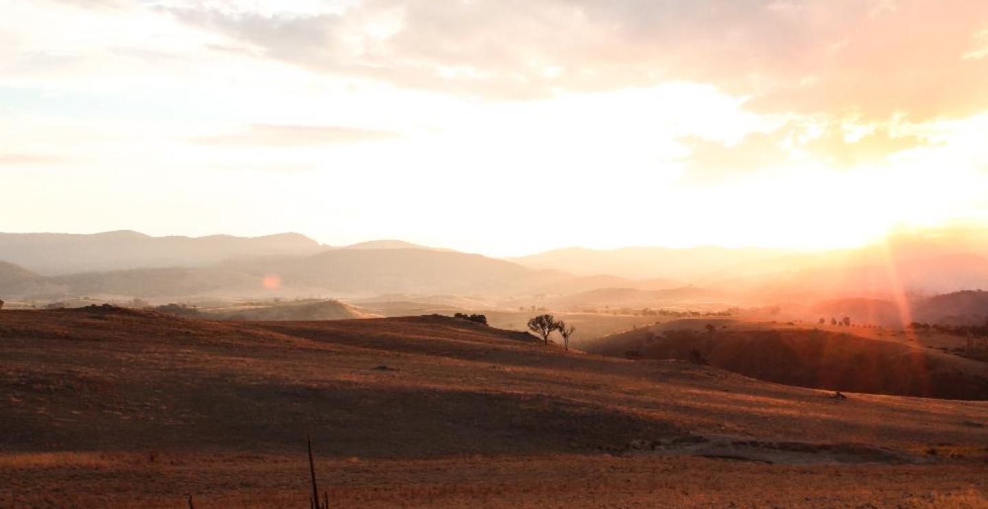 Image of sunrise over grassy hills