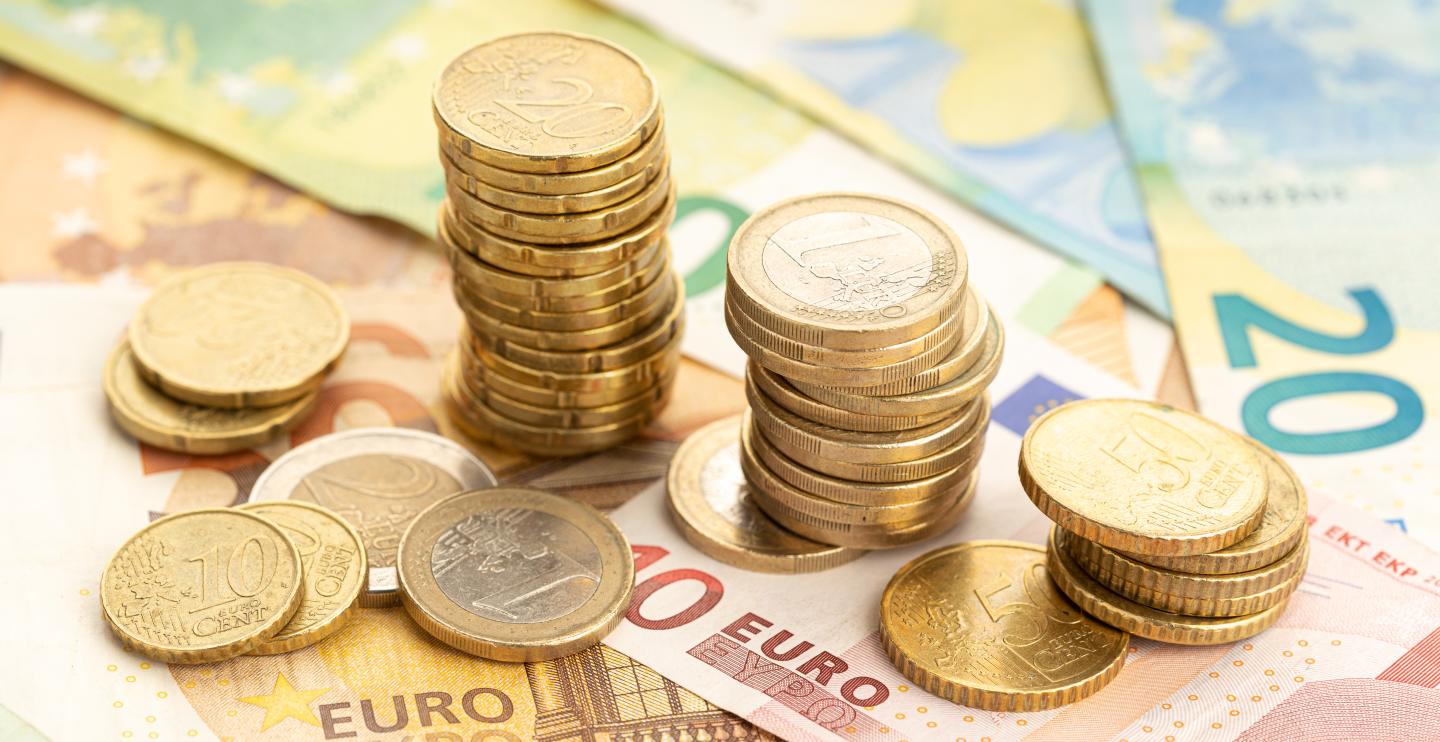 Euro bills and coins