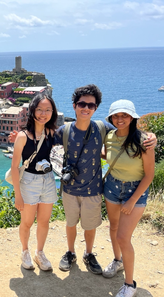 Lily Sun, David Chang, Medha Venkanapathy exploring Cinque Terre on a sunny day