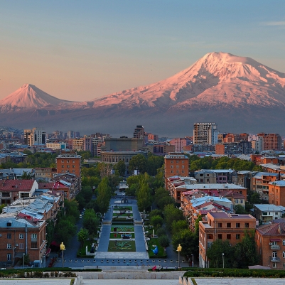 View over the city of Yerevan, capital of Armenia, with the two peaks of the Mount Ararat in the background, at the sunrise.